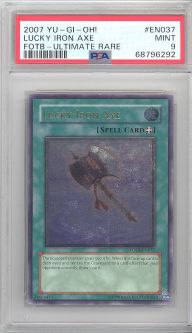 PSA 9 - Yu-Gi-Oh Card - FOTB-EN037 - LUCKY IRON AXE (ultimate rare holo) - MINT