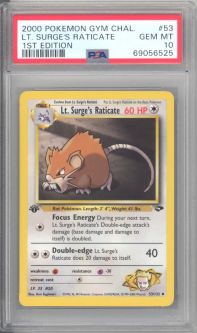 PSA 10 - Pokemon Card - Gym Challenge 53/132 - LT. SURGE'S RATICATE (uncommon) *1st Edition* - GEM M PSA 10 - Pokemon Card - Gym Challenge 53/132 - LT. SURGE'S RATICATE (uncommon) *1st Edition* - GEM M