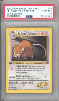 PSA 10 - Pokemon Card - Gym Challenge 53/132 - LT. SURGE'S RATICATE (uncommon) *1st Edition* - GEM M