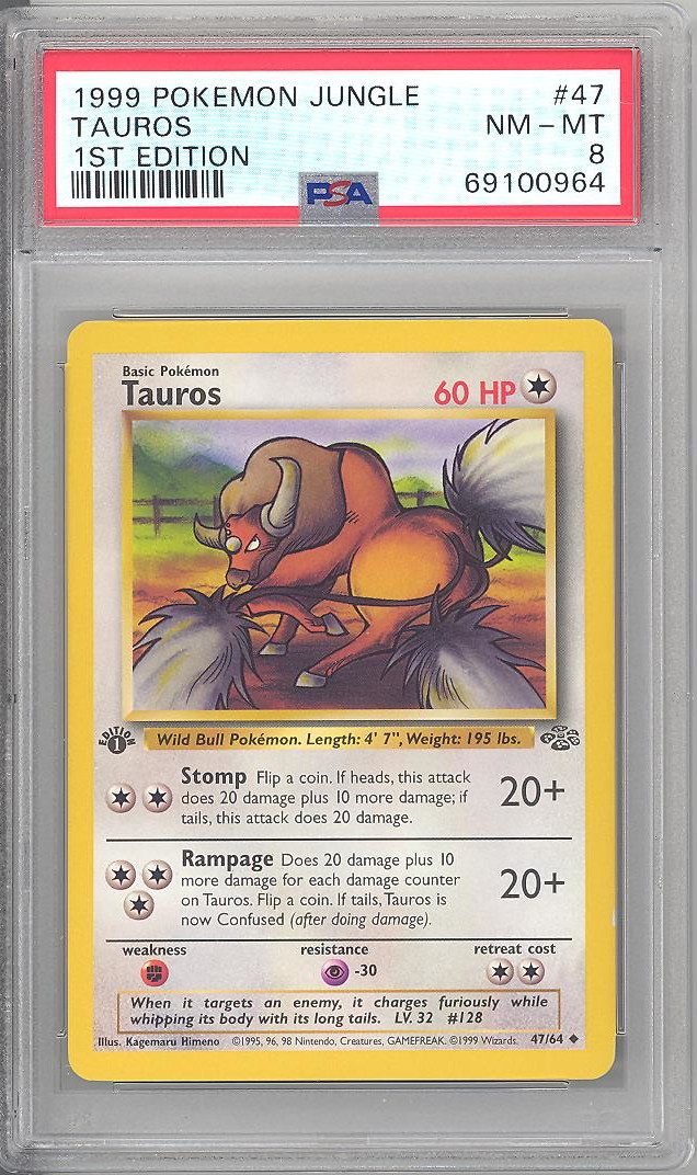 PSA 8 - Pokemon Card - Jungle 47/64 - TAUROS (uncommon) *1st Edition* - NM-MT