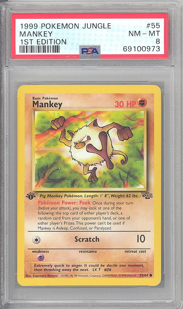 PSA 8 - Pokemon Card - Jungle 55/64 - MANKEY (common) *1st Edition* -  NM-MT: BBToyStore.com - Toys, Plush, Trading Cards, Action Figures & Games  online retail store shop sale