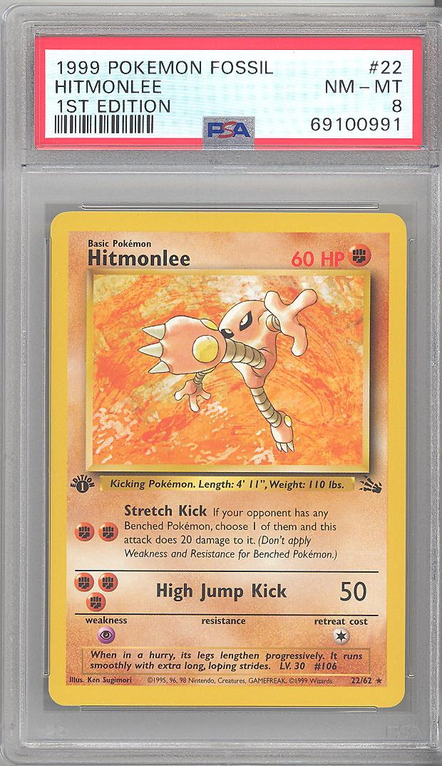 PSA 8 - Pokemon Card - Fossil 22/62 - HITMONLEE (rare) *1st Edition* - NM-MT
