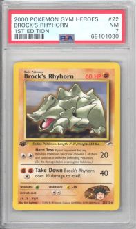 PSA 7 - Pokemon Card - Gym Heroes 22/132 - BROCK'S RHYHORN (rare) *1st Edition* - NM