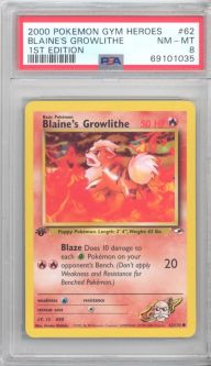 PSA 8 - Pokemon Card - Gym Heroes 62/132 - BLAINE'S GROWLITHE (common) *1st Edition* - NM-MT
