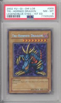 PSA 8 - Yu-Gi-Oh Card - LOB-000 - TRI HORNED DRAGON (secret rare holo) **1st Edition** - NM-MT