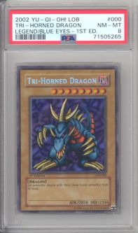 PSA 8 - Yu-Gi-Oh Card - LOB-000 - TRI HORNED DRAGON (secret rare holo) *1st Edition* - NM-MT