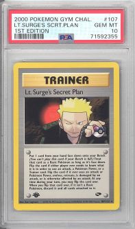 PSA 10 - Pokemon Card - Gym Challenge 107/132 - LT. SURGE'S SECRET PLAN (rare) *1st Edition* - GEM M