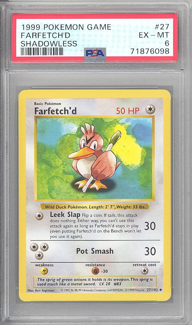 PSA 6 - Pokemon Card - Base 27/102 - FARFETCH'D (uncommon) *Shadowless* - EX-MT