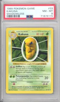 PSA 8 - Pokemon Card - Base 33/102 - KAKUNA (uncommon) *Shadowless* - NM-MT