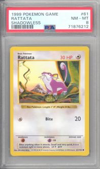 PSA 8 - Pokemon Card - Base 61/102 - RATTATA (common) *Shadowless* - NM-MT