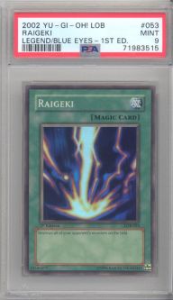 PSA 9 - Yu-Gi-Oh Card - LOB-053 - RAIGEKI (super rare holo) **1st Edition** - MINT