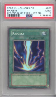PSA 9 - Yu-Gi-Oh Card - LOB-053 - RAIGEKI (super rare holo) *1st Edition* - MINT PSA 9 - Yu-Gi-Oh Card - LOB-053 - RAIGEKI (super rare holo) *1st Edition* - MINT