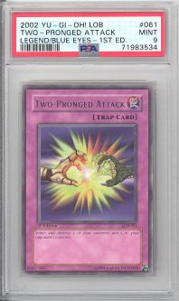 PSA 9 - Yu-Gi-Oh Card - LOB-061 - TWO-PRONGED ATTACK (rare) **1st Edition** - MINT