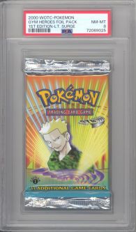 PSA 8 - Pokemon Cards - GYM HEROES - Booster Pack (1st Edition) - Lt Surge Artwork - NM-MT