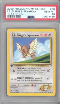 PSA 10 - Pokemon Card - Gym Heroes 83/132 - LT. SURGE'S SPEAROW (common) *1st Edition* - GEM MINT PSA 10 - Pokemon Card - Gym Heroes 83/132 - LT. SURGE'S SPEAROW (common) *1st Edition* - GEM MINT
