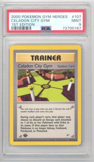PSA 9 - Pokemon Card - Gym Heroes 107/132 - CELADON CITY GYM (uncommon) *1st Edition* - MINT