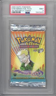 PSA 9 - Pokemon Cards - GYM HEROES - Booster Pack (1st Edition) - Lt Surge Artwork - MINT