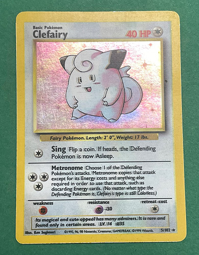 Pokemon Card - Base 5/102 CLEFAIRY (RARE Error - Blurry Double Print) *Non-Mint - Played*: BBToyStore.com - Toys, Plush, Trading Cards, Action Figures & Games retail store shop sale