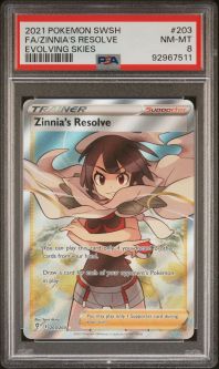 PSA 8 - Pokemon Card - S&S: Evolving Skies 203/203 - ZINNIA'S RESOLVE (holo-foil) - NM-MT