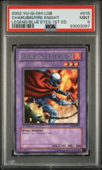 PSA 9 - Yu-Gi-Oh Card - LOB-015 - CHARUBIN THE FIRE KNIGHT (rare) *1st Edition* - MINT