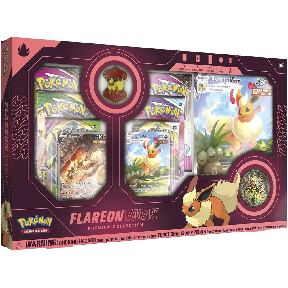 Pokemon Cards - FLAREON VMAX PREMIUM COLLECTION (6 packs, Large Coin, Pin, Oversize Card, Foils)