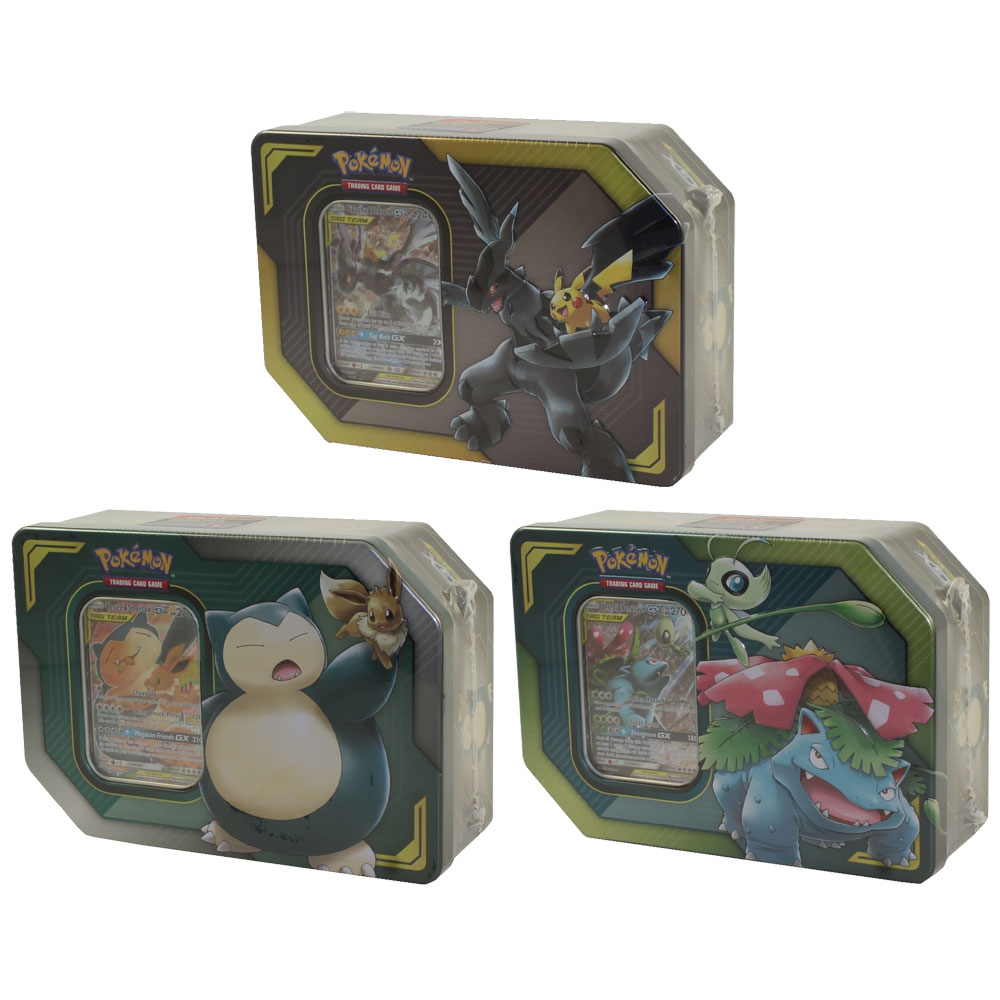 Pokemon Sun & Moon - 2019 Collectors TAG TEAM Tins - SET OF 3 (Eevee/Snorlax, Pikachu/Zekrom +1)