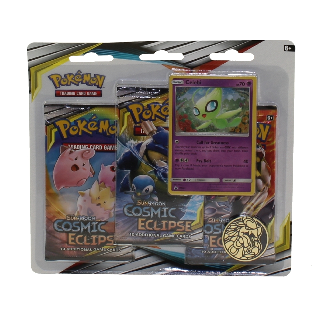Pokemon Cards - Sun & Moon Cosmic Eclipse - CELEBI BLISTER PACK (3 Boosters,1 Coin & 1 Foil)