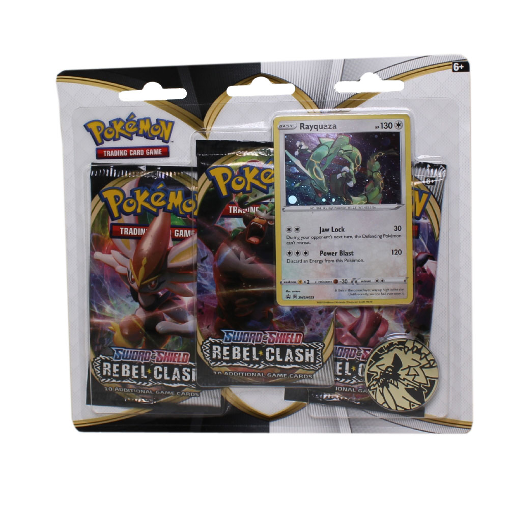 Pokemon Cards - Sword/Shield: Rebel Clash - RAYQUAZA BLISTER PACK (3 Boosters,1 Coin & 1 Foil)