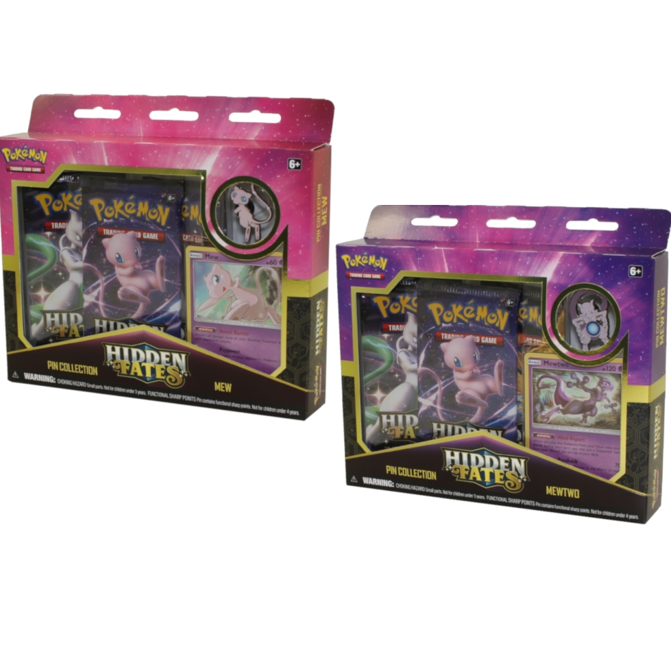 Pokemon Cards - Hidden Fates Pin Collections - SET OF 2 (Mewtwo & Mew)(Booster Packs, Pins, Foils)