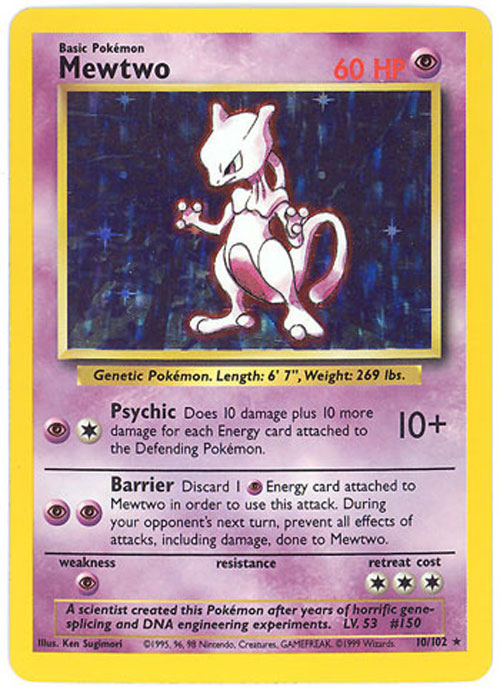 Pokemon Card - Base 10/102 - MEWTWO (holo-foil) *Played*