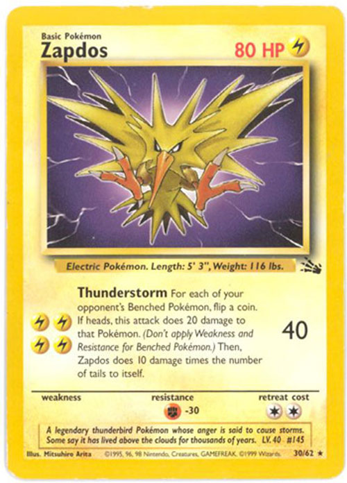 Pokemon Card - Fossil 30/62 - ZAPDOS (rare)