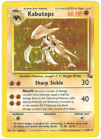 Pokemon Card - Fossil 9/62 - KABUTOPS (holo-foil) *Played*