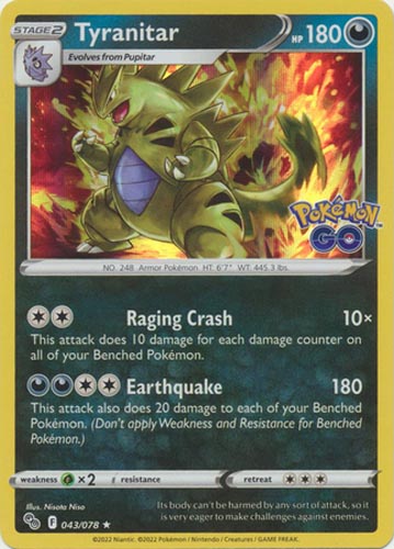 Pokemon Card - Pokemon GO 043/078 - TYRANITAR (holo-foil): BBToyStore.com - Toys, Plush, Trading Cards, Action Figures & Games online retail store shop sale Pokemon Card - Pokemon GO 043/078 - TYRANITAR (holo-foil): BBToyStore.com - Toys, Plush, Trading Cards, Action Figures & Games online retail store shop sale
