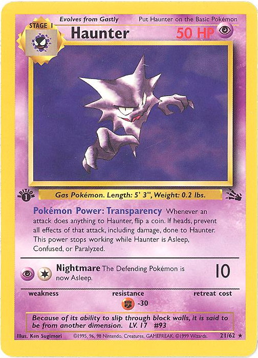 Pokemon Card - Fossil 21/62 - HAUNTER (rare) **1st Edition**