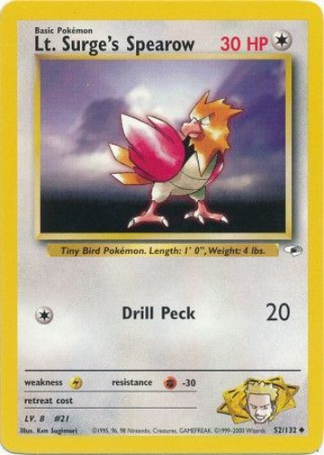 Pokemon Card - Gym Heroes 52/132 - LT. SURGE'S SPEAROW (uncommon):  BBToyStore.com - Toys, Plush, Trading Cards, Action Figures & Games online  retail store shop sale