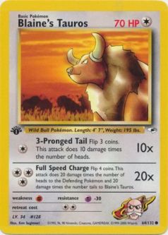 Pokemon Card - Gym Heroes 64/132 - BLAINE'S TAUROS (common) **1st Edition**
