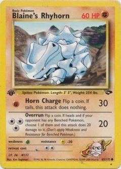 Pokemon Card - Gym Challenge 65/132 - BLAINE'S RHYHORN (common) **1st Edition**