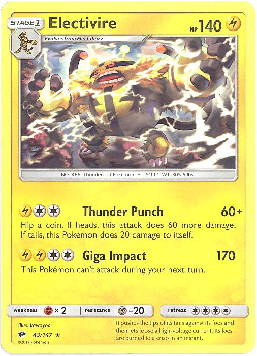 Pokemon Card - S&M: Burning Shadows 43/147 - ELECTIVIRE (rare):  BBToyStore.com - Toys, Plush, Trading Cards, Action Figures & Games online  retail store shop sale