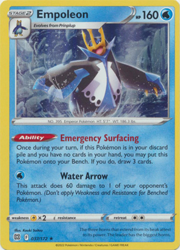Pokemon Card - S&S: Brilliant Stars 037/172 - EMPOLEON (holo-foil): BBToyStore.com - Toys, Plush, Trading Cards, Action Figures & Games online retail store shop sale Pokemon Card - S&S: Brilliant Stars 037/172 - EMPOLEON (holo-foil): BBToyStore.com - Toys, Plush, Trading Cards, Action Figures & Games online retail store shop sale