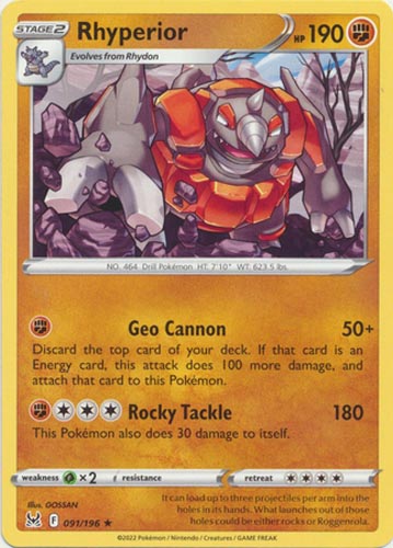 Pokemon Card - S&S: Lost Origin 091/196 - RHYPERIOR (rare): BBToyStore.com  - Toys, Plush, Trading Cards, Action Figures & Games online retail store  shop sale