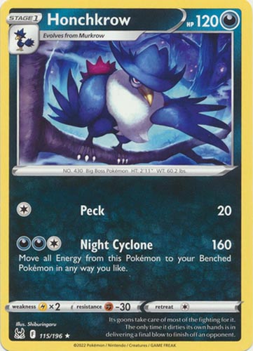 Pokemon Card - S&S: Lost Origin 115/196 - HONCHKROW (rare): BBToyStore.com  - Toys, Plush, Trading Cards, Action Figures & Games online retail store  shop sale