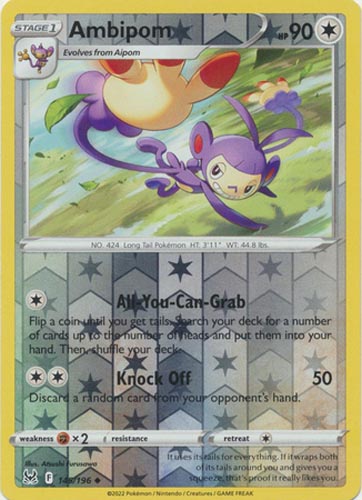Pokemon Card - S&S: Lost Origin 145/196 - AMBIPOM (reverse holo): BBToyStore.com - Toys, Plush, Trading Cards, Action Figures & Games online retail store shop sale Pokemon Card - S&S: Lost Origin 145/196 - AMBIPOM (reverse holo): BBToyStore.com - Toys, Plush, Trading Cards, Action Figures & Games online retail store shop sale