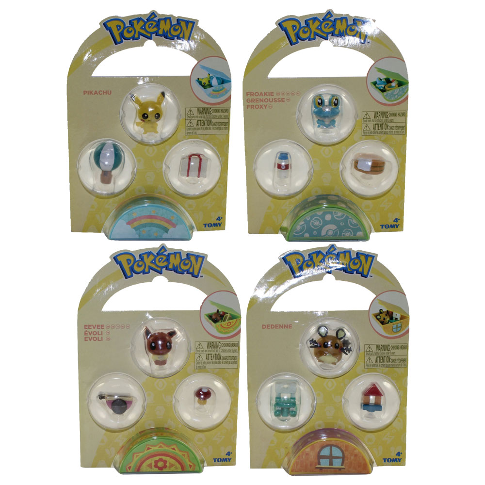 Pokemon Tomy Mini Figures - SET OF 4 with Accessories (Pikachu, Eevee, Dedenne & Froakie)(1 inch)