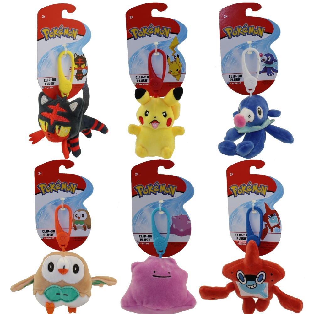 Wicked Cool Toys - Pokemon Plush Clip-Ons S1 - SET OF 6 (Pikachu, Ditto, Litten, Rotom, Popplio +1)