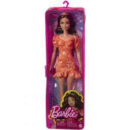 Mattel - Barbie FASHIONISTAS DOLL #182 (Brunette Hair, Headband, Orange Floral Dress & More) HBV16