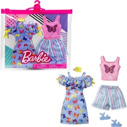 Mattel - Barbie Doll Fashion 2-PACK (Butterfly Dress & Shirt, Striped Shorts & more) HBV68
