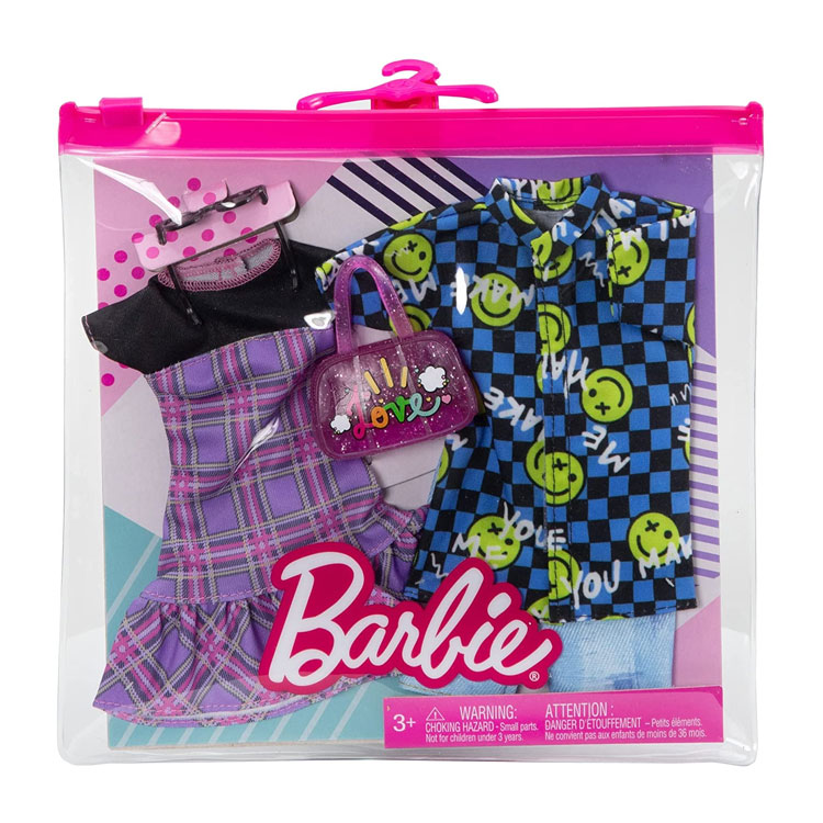 Mattel - Barbie & Ken Doll Fashion 2-PACK (Plaid Dress, Smiley Dress Shirt, Purse & more) HBV73
