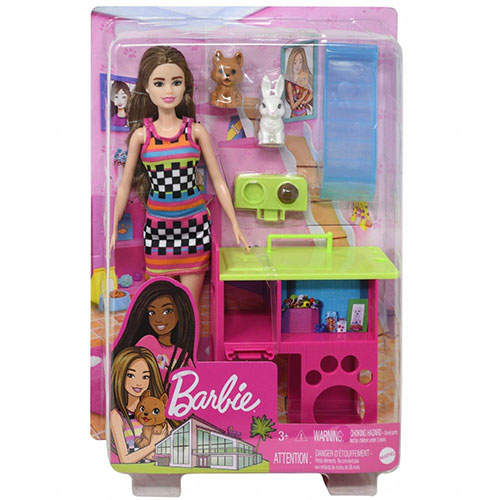 Mattel - Barbie Doll BARBIE & PETS PLAYSET (Brunette w/ Checkered Dress, Dog, Bunny & more) HGM62: BBToyStore.com - Toys, Plush, Trading Cards, Action Figures & Games online retail store sale