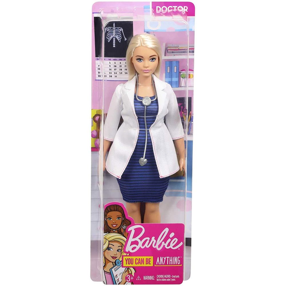 Mattel Barbie Doll - DOCTOR BARBIE (Stethoscope, Blue/Black Striped Dress, White Coat & More) FXP00