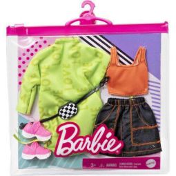 Mattel - Barbie Doll Fashion 2-PACK (Green Sweatshirt Dress, Orange Top, Black Skirt & more) GRC92